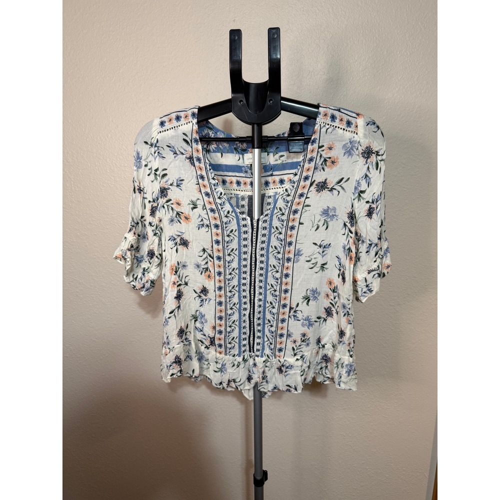 Lucky Brand Floral V-Neck Peasant Top White Blue Peach Short Sleeve Small